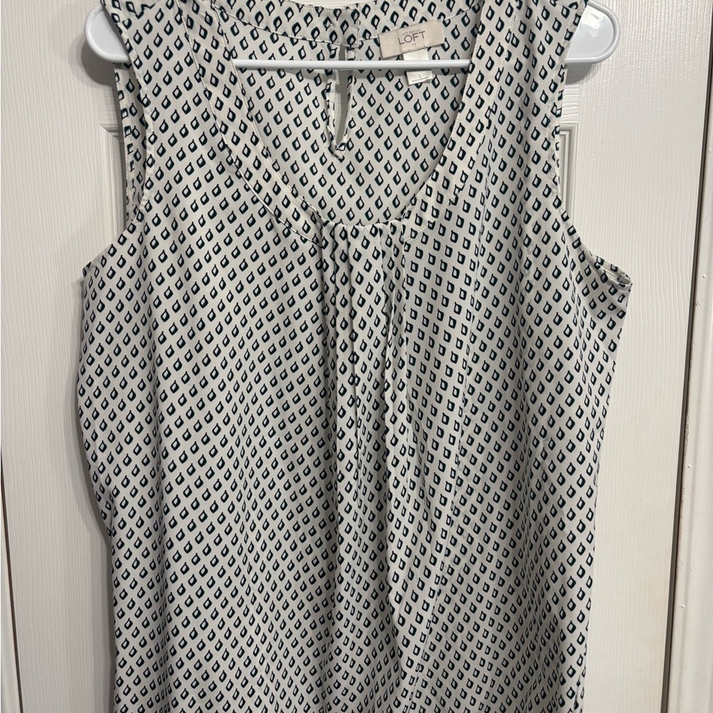 LOFT White Sleeveless V-Neck Shell with Black Geometric Print